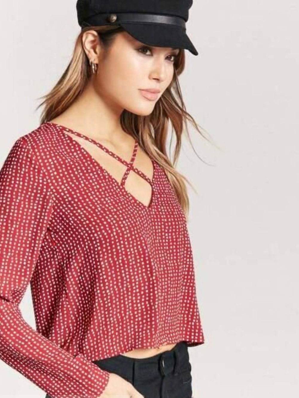 Forever 21 Chiffon M Red Abstract Pattern Boxy Crop Top V-Neck Crisscross